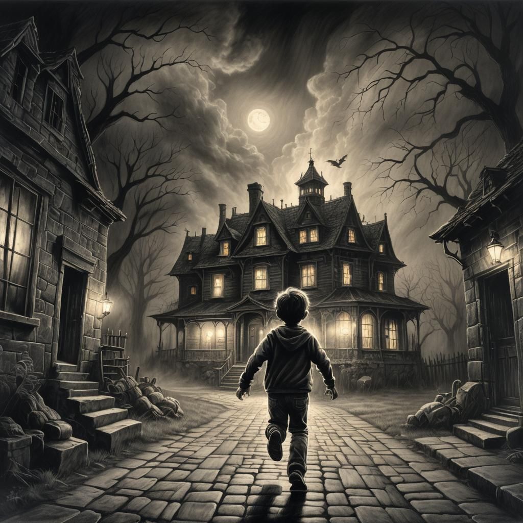 Eerie Charcoal: Child Escapes Haunted House