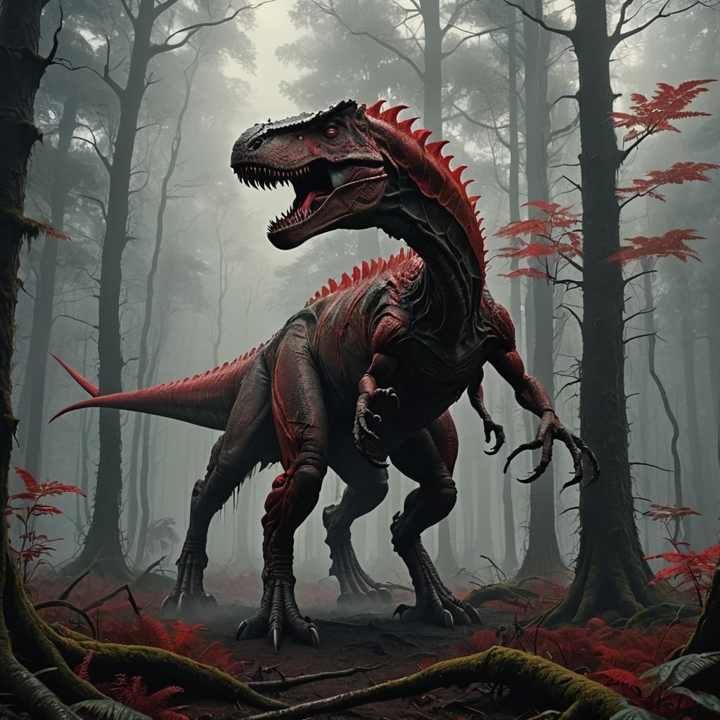 Alien T-Rex Hybrid in Misty Forest: Dark Fantasy Art