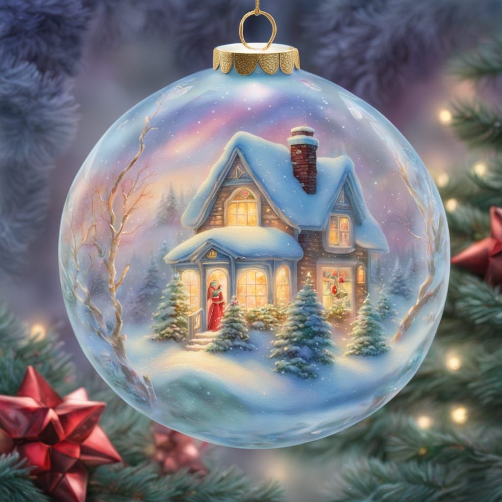 Glowing Glass Ornament with Christmas Scene, Watercolor Styl...