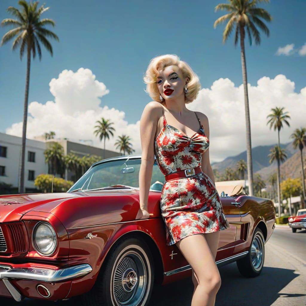 Marilyn Monroe and Red Mustang in 1960s Hollywood