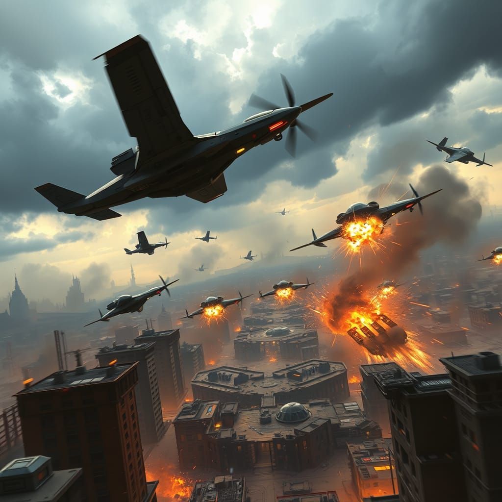 Futuristic Drone War in Stormy Cityscape