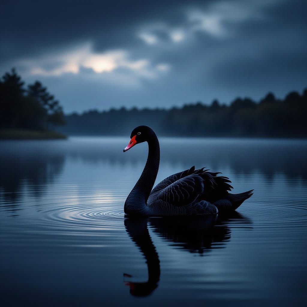Hyperrealistic Black Swan on Dark Lake
