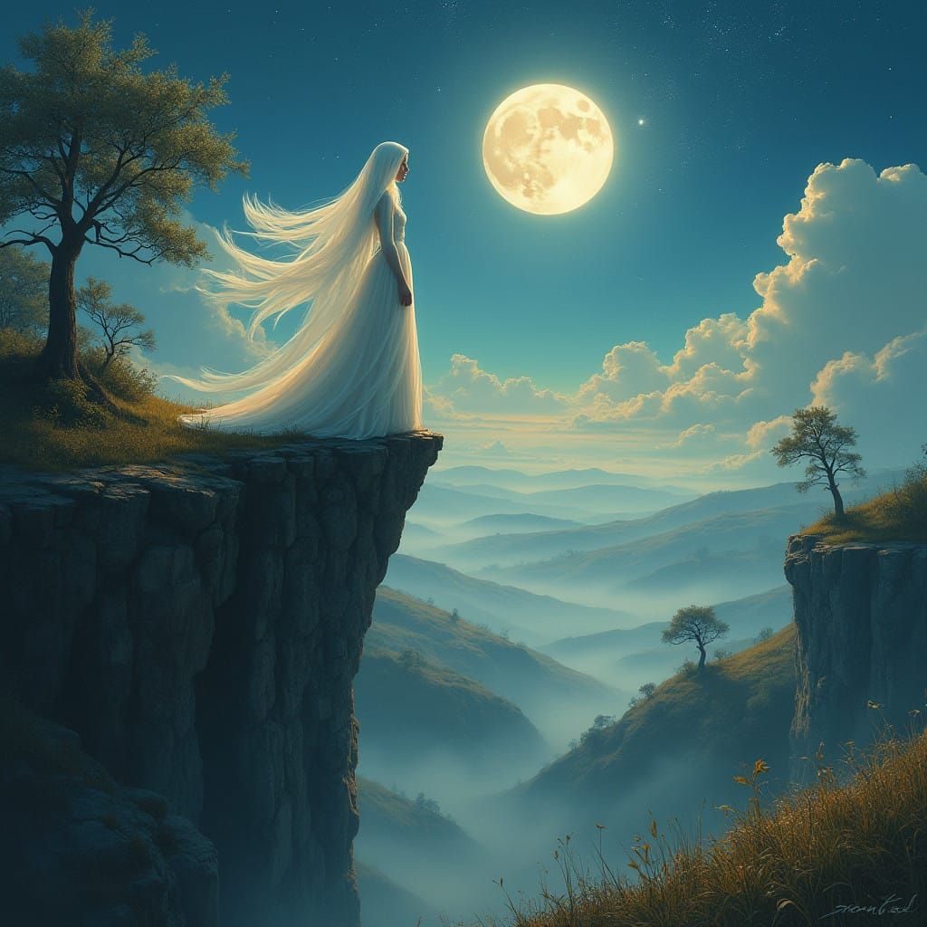 Moonlit Fantasy Landscape with Veiled Woman and Celestial Ta...