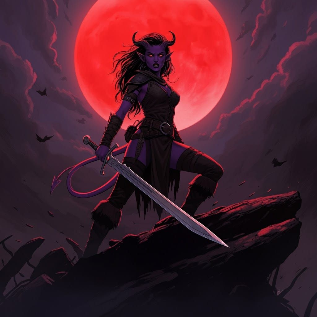 Ethereal Warrior Bares Steel Under Crimson Moonlight