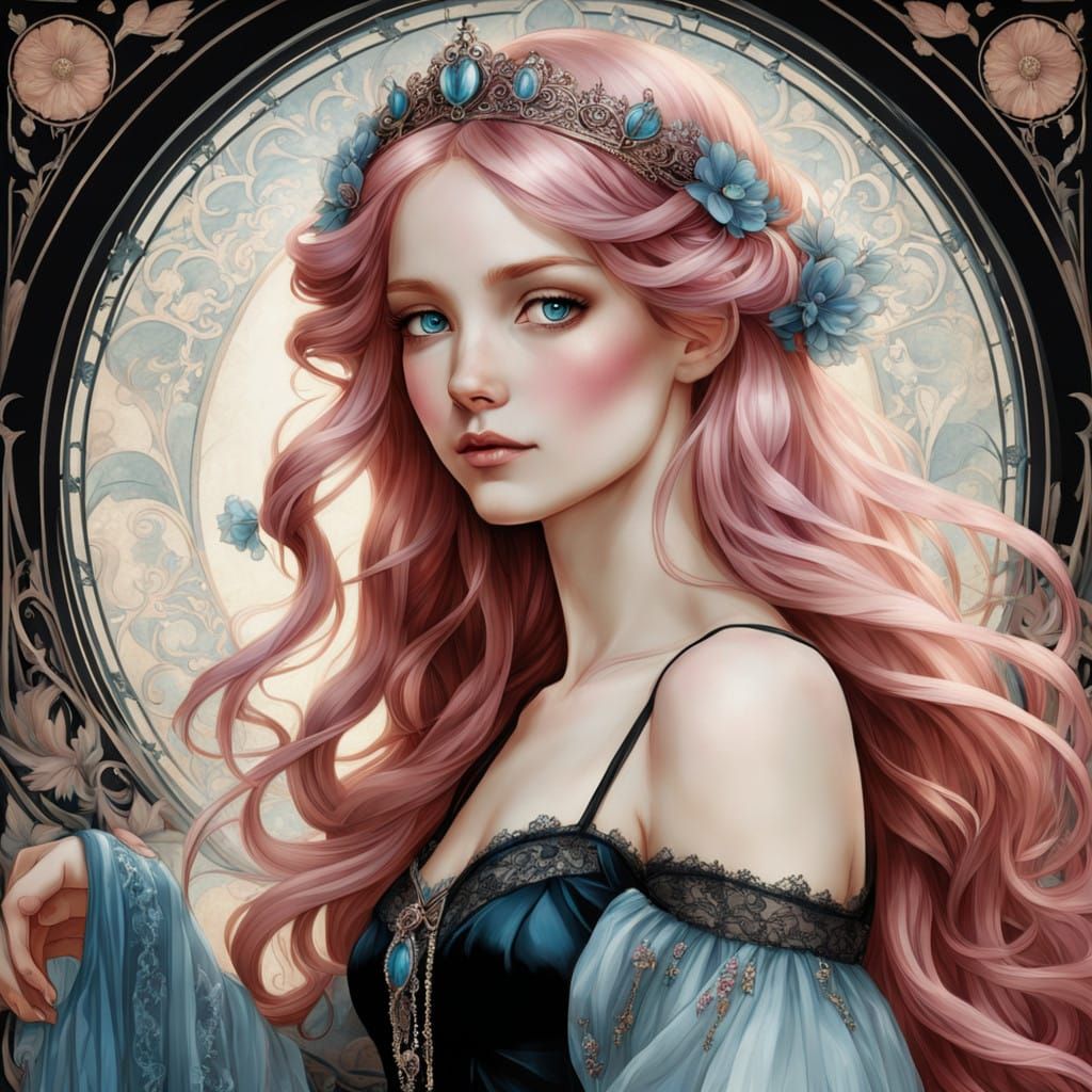 Ethereal Princess in Black Gown with Pink Hair and Blue Eyes