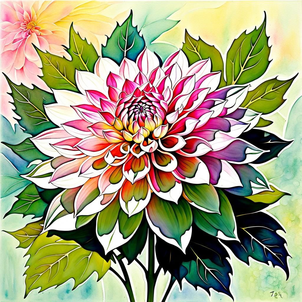 Pink Dahlia in Wet Japanese Watercolor Style
