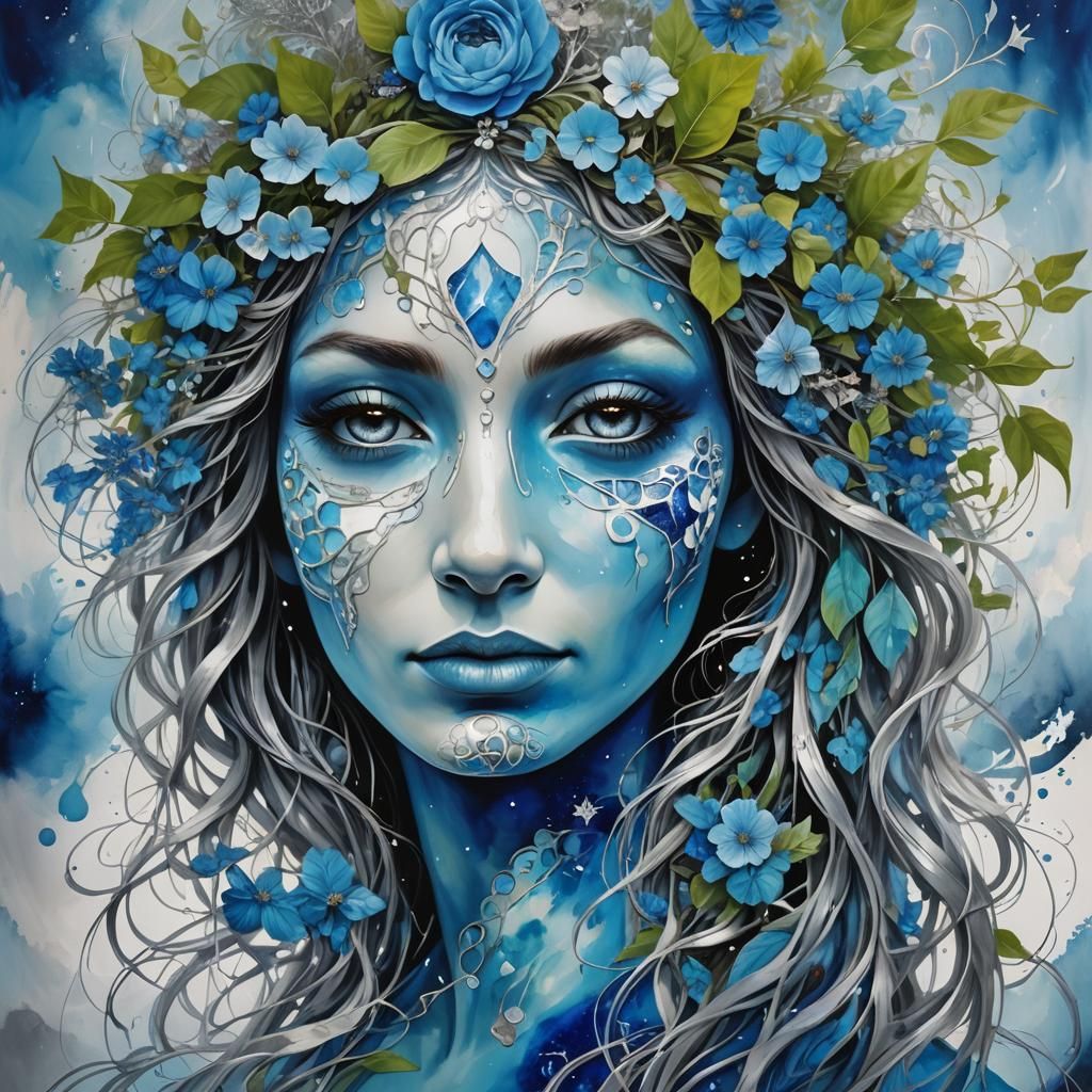 Mother Earth Portrait in Vibrant Blues and Silvers