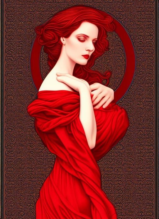Ethereal Lady in Red: Art Nouveau Digital Art