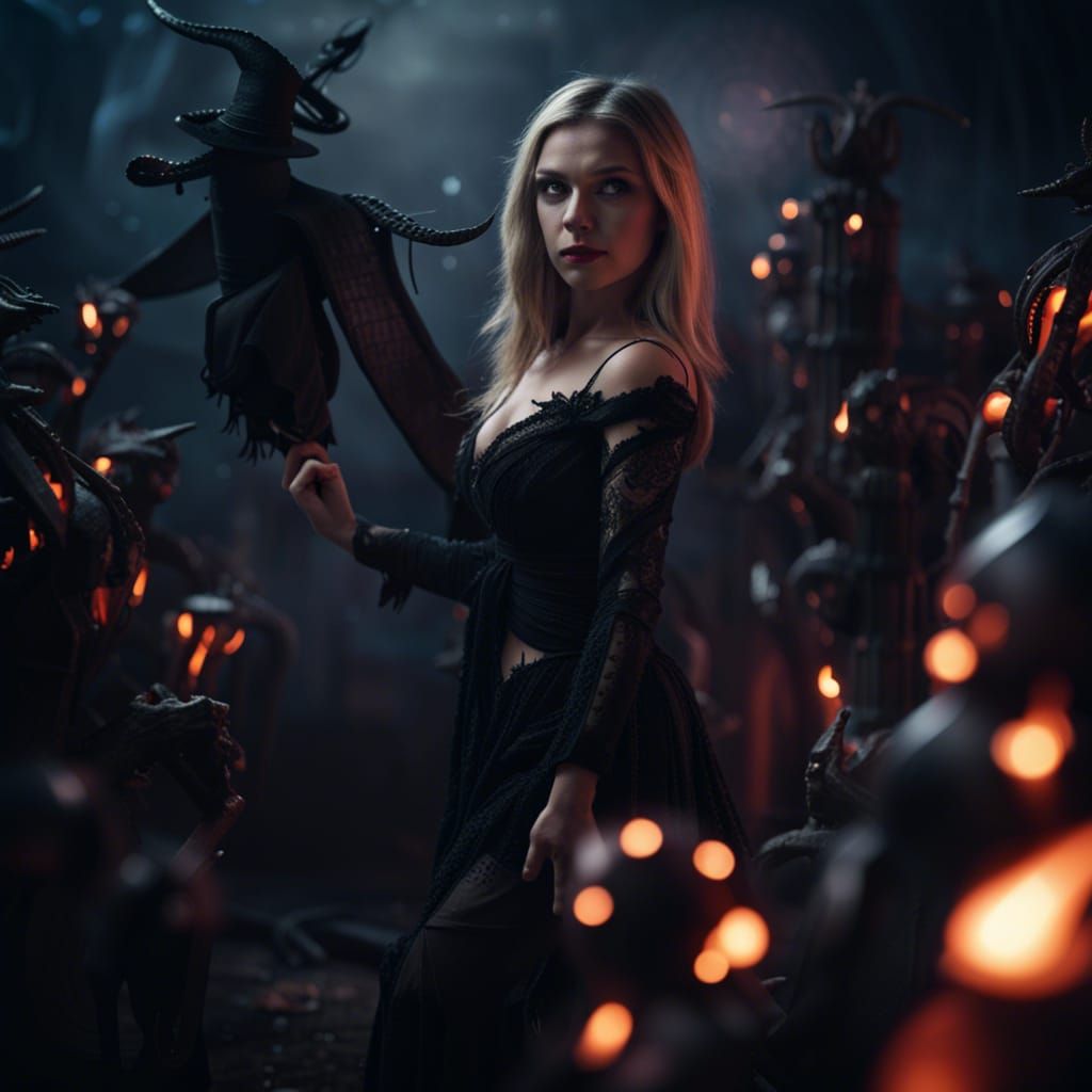 Fantasy Witch and Necromancer in a Dark Battle