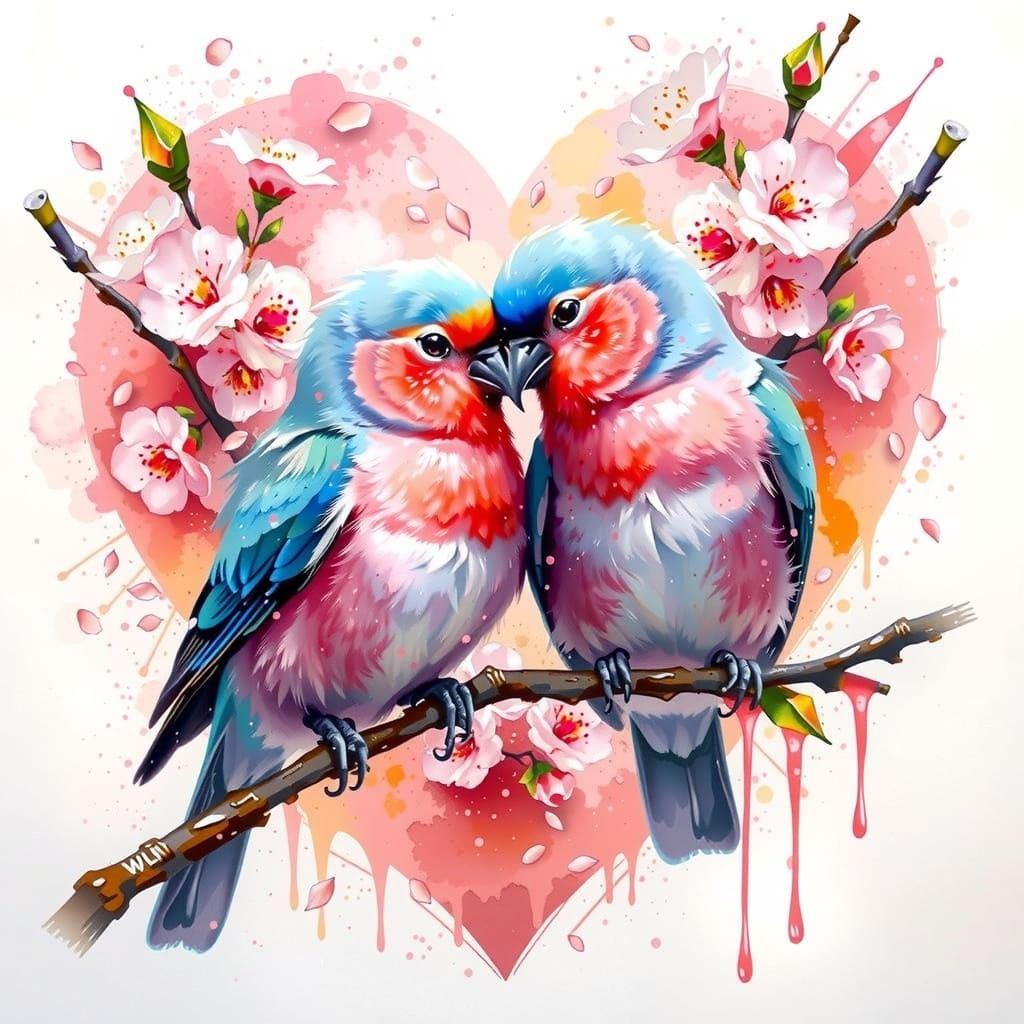 Pastel Lovebirds on Cherry Branch
