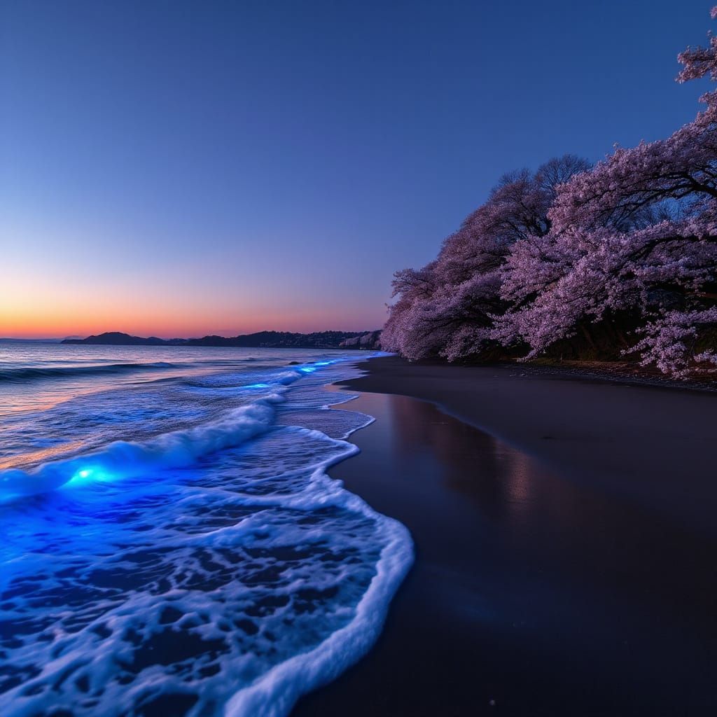 Bioluminescent Shoreline with Cherry Blossom Forest at Dusk