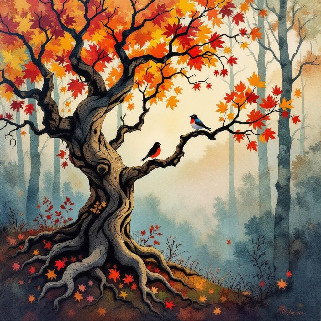 Gnarled Autumn Tree with Glowing Leaves and Bird