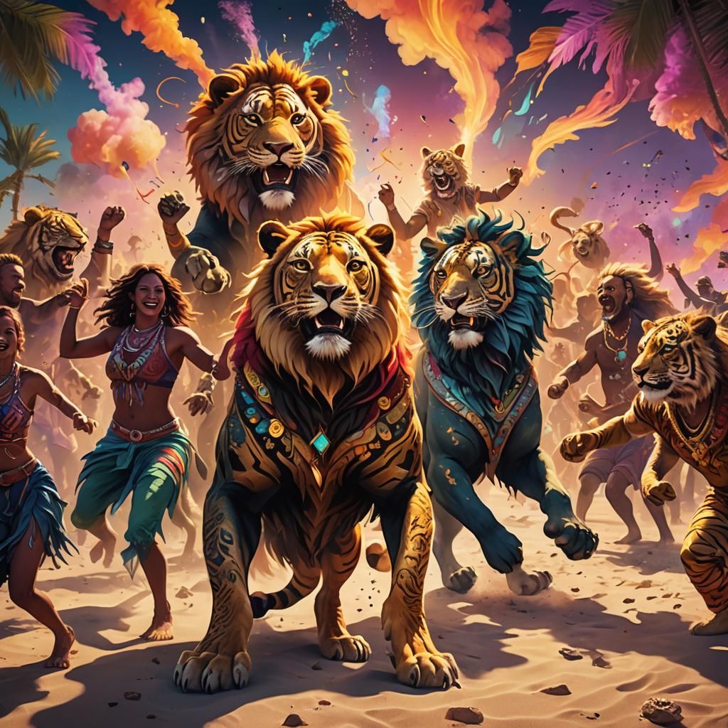 Ibiza Beach Party with Lions and Tigers in Art Nouveau Style