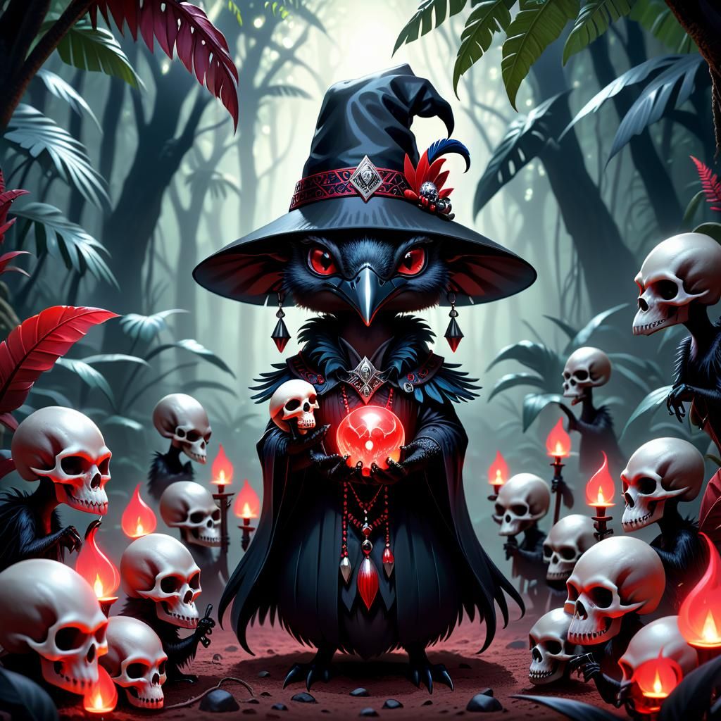 Evil Cassowary Voodoo Magician in Dark Fantasy Illustration