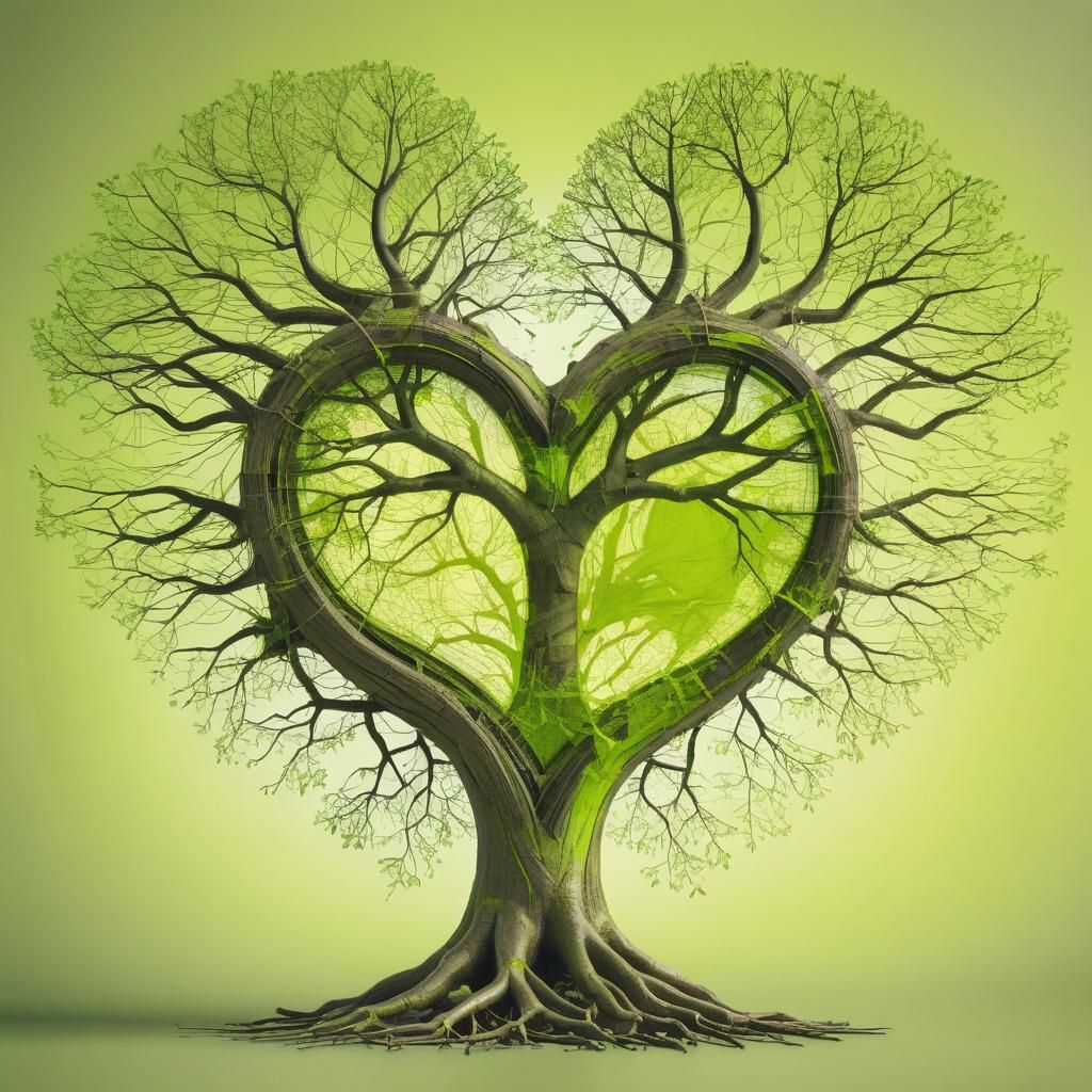 Chartreuse Double Exposure Tree Heart Abstract Art