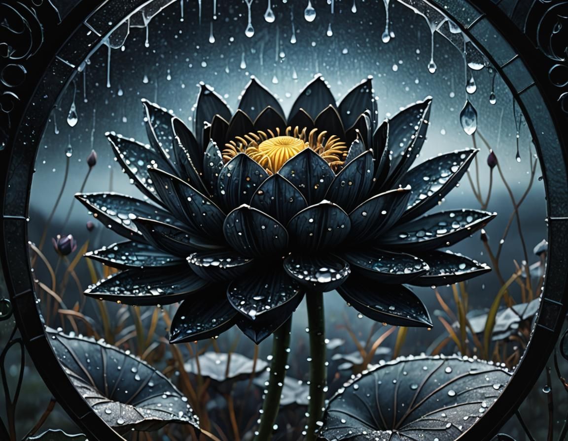 Ultra-Realistic Stained Glass Black Lotus in Moonlight