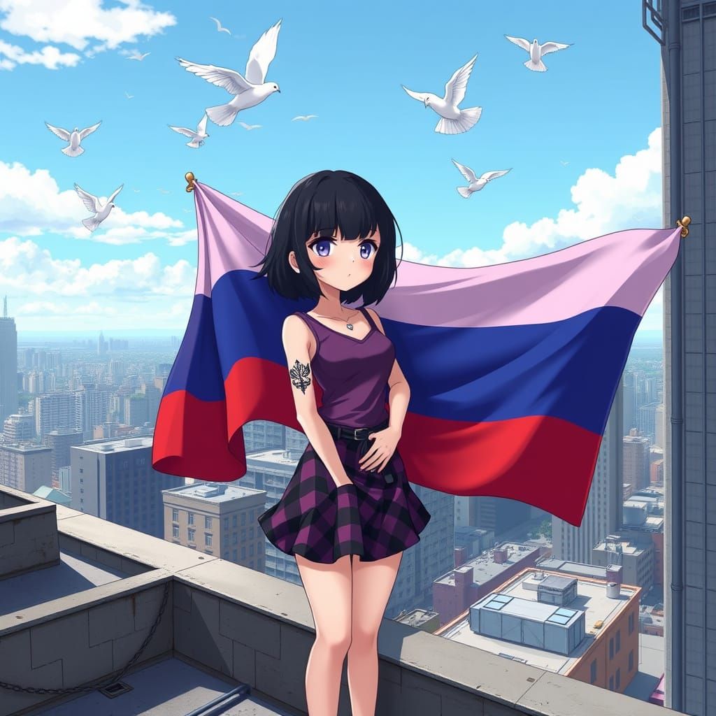 Anime Girl with Flag in Cel-Shaded Style