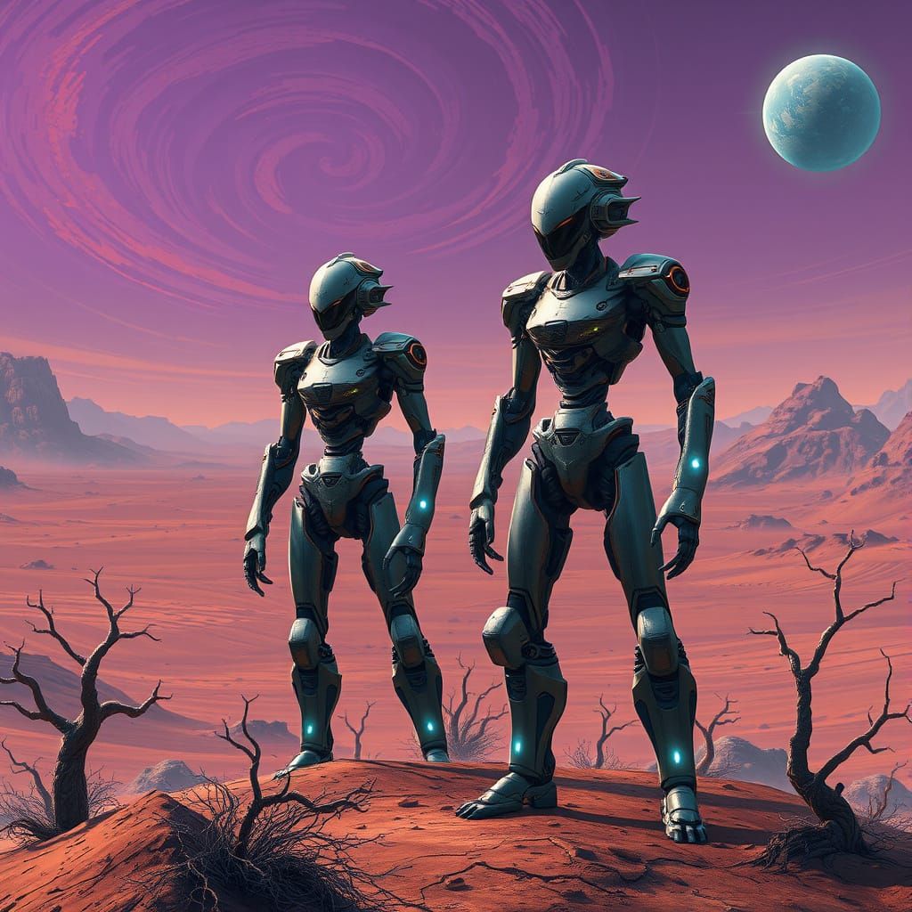 Robots on a Desolate Planet in Digital Art Style