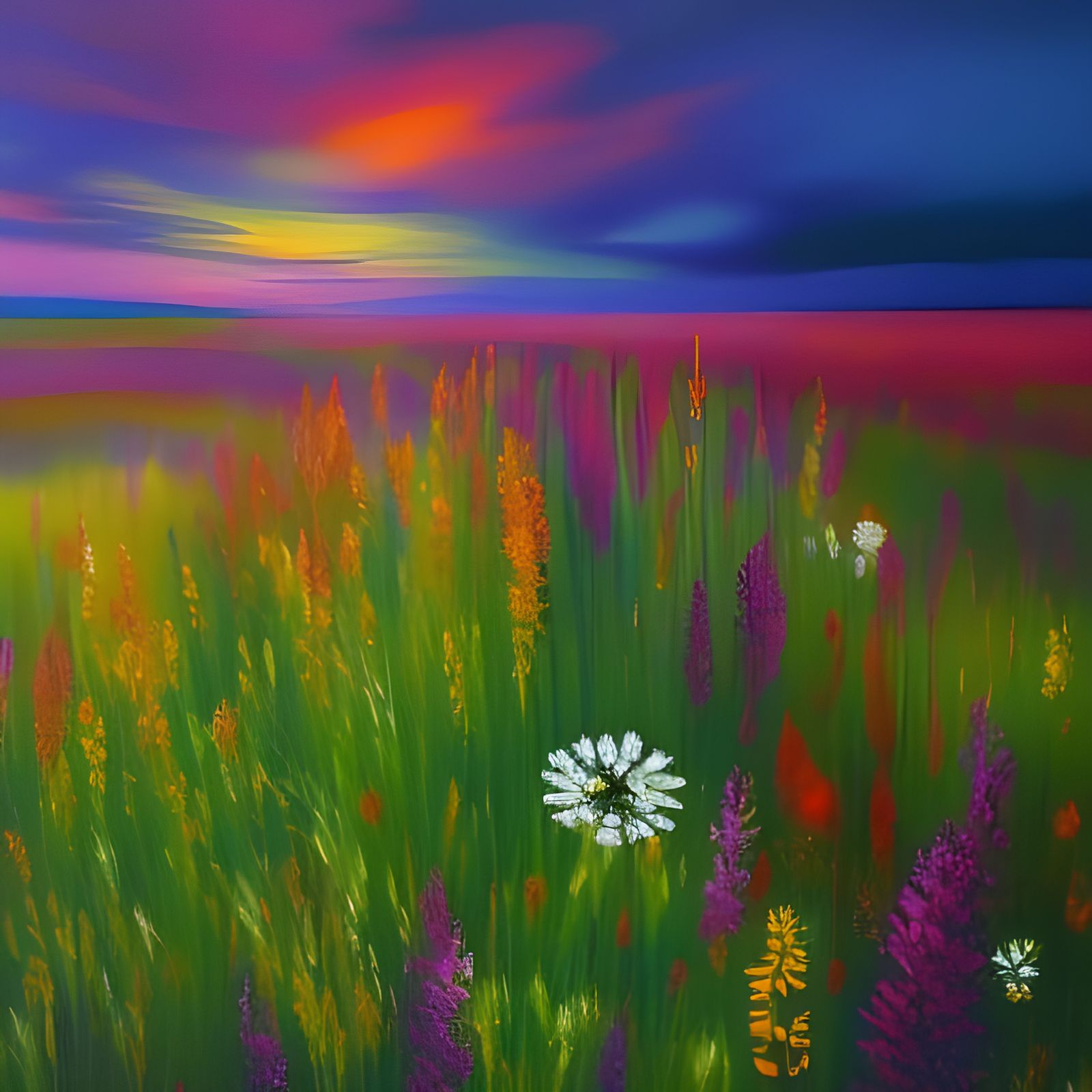 Wildflower Meadow as Colorful Impressionist Oil Painting