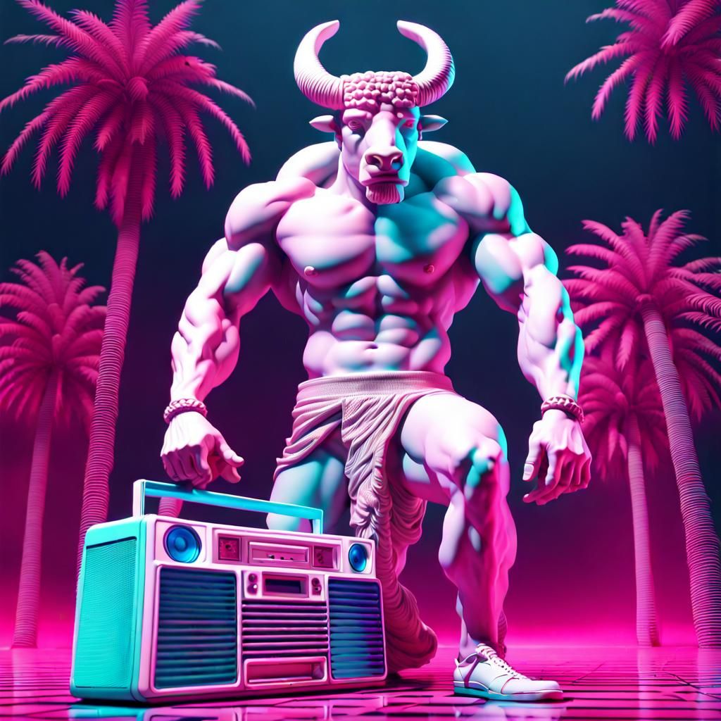 Minotaur with Boombox in Vaporwave Style