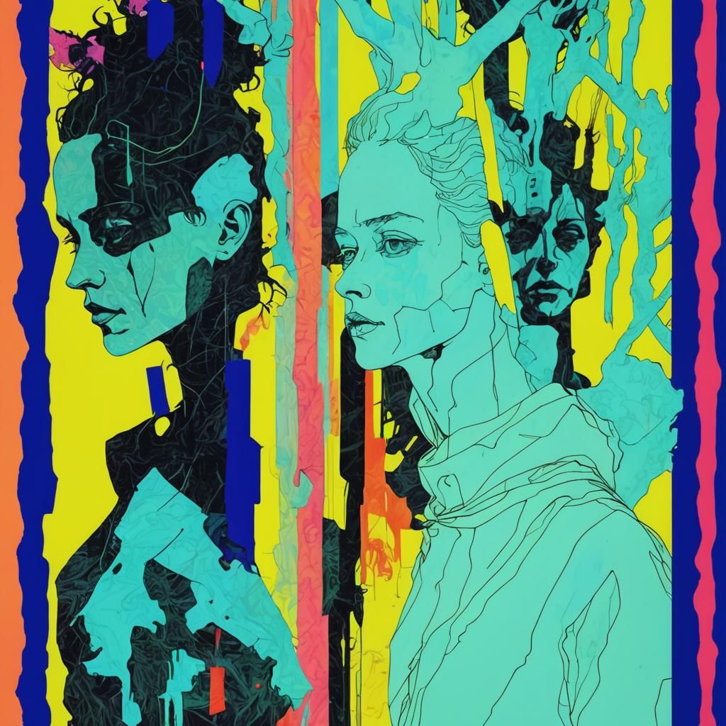 Pagan Ritual Silhouette in Glitch Art Style