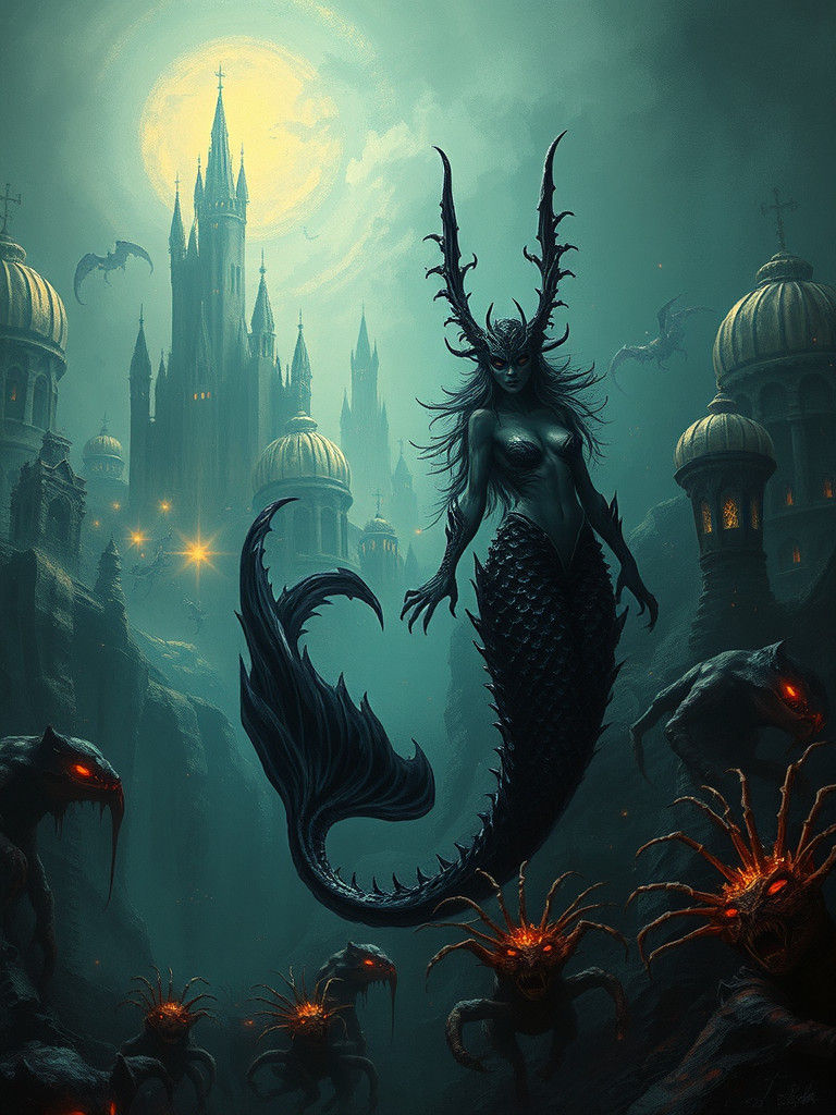 Evil siren with black, spiked mermaid tail, surrounded by eerie