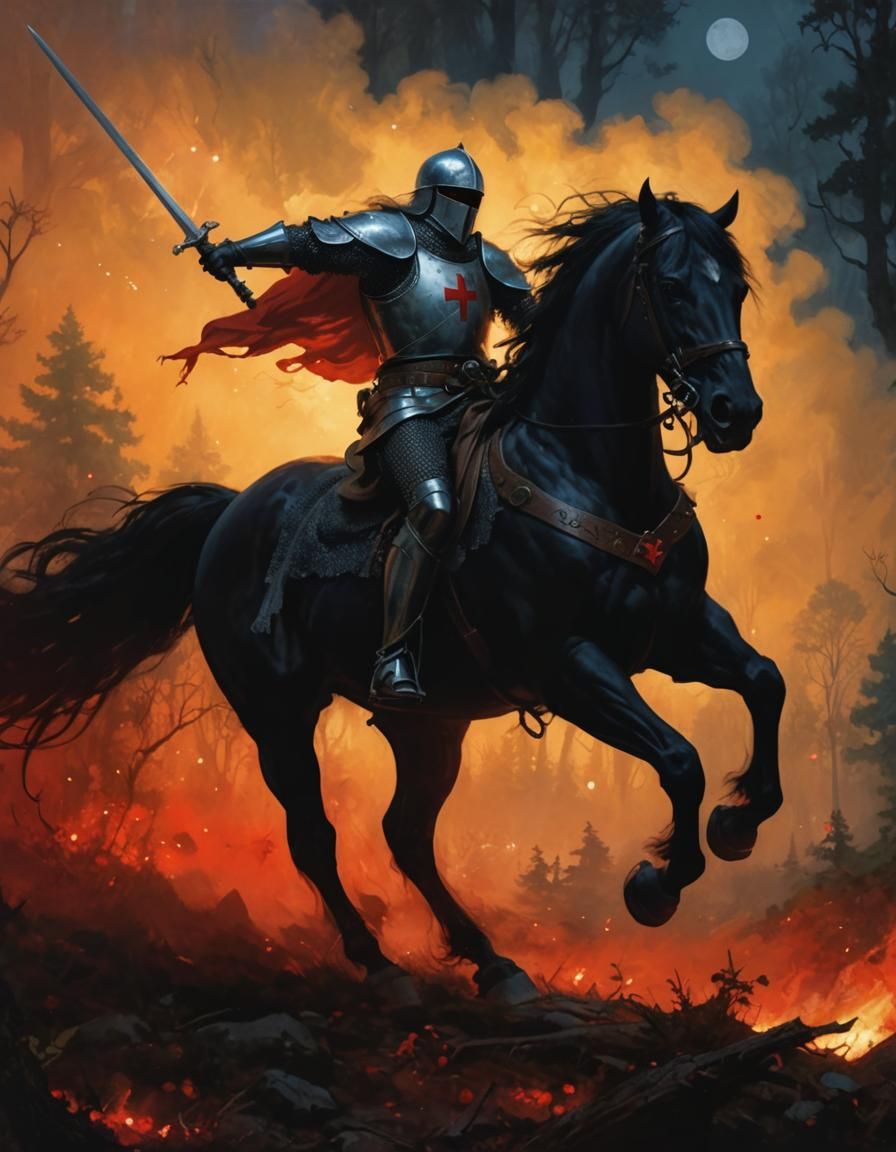 Armored Knight on Horseback in Misty Forest