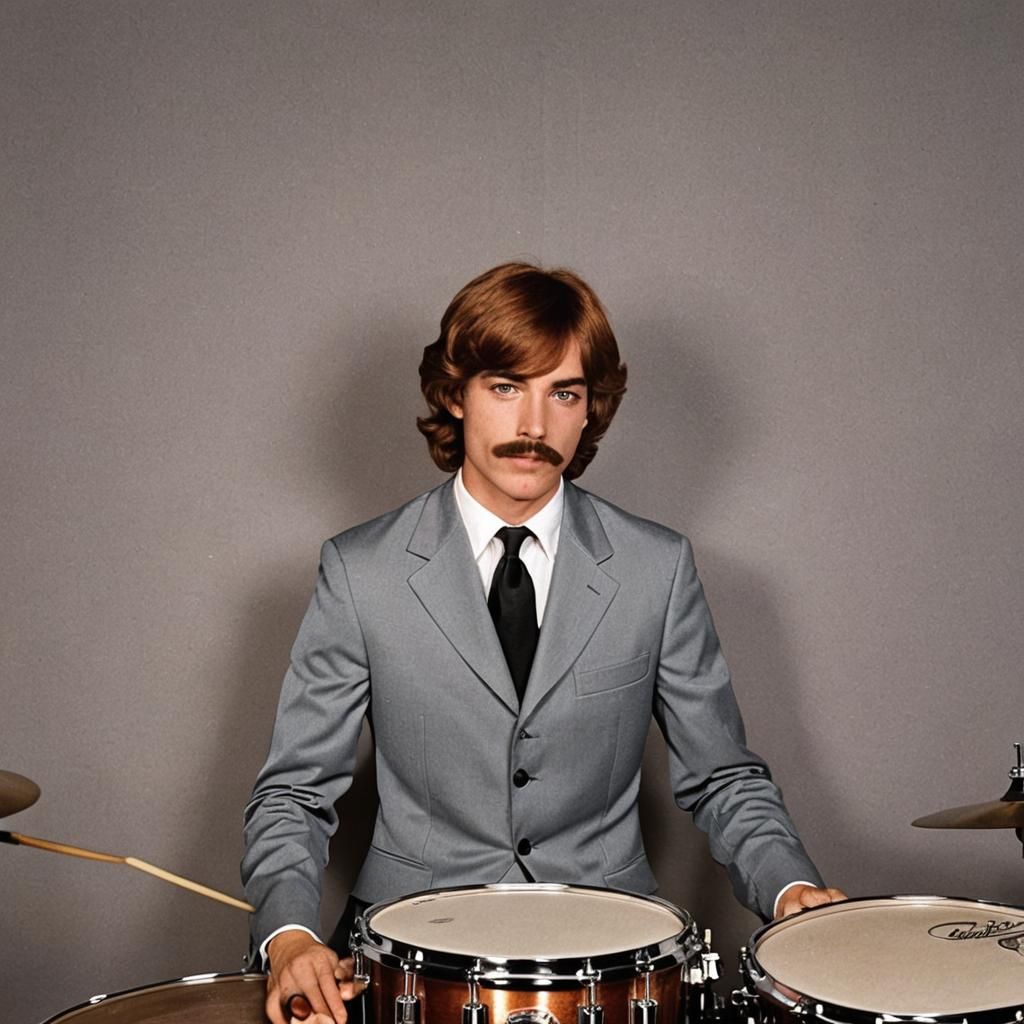 Young Auburn-Haired Drummer at Disco Party
