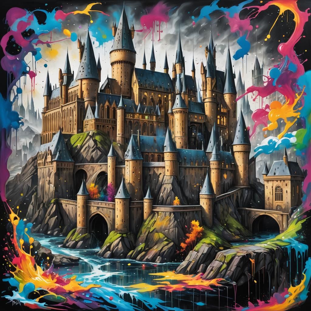 Colorful Graffiti Art of Hogwarts Castle
