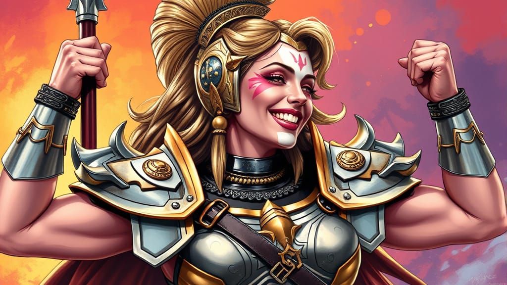 Ornate Armored Warrior with Mime Facepaint in Comic Style