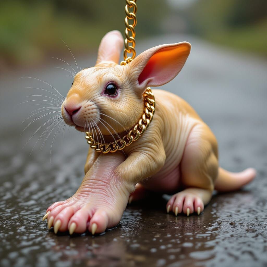 Grotesque Hybrid Creature with Dangling Foot on Gold Chain