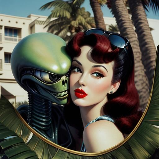 Vintage Photograph: Pinup Model and Alien Kiss