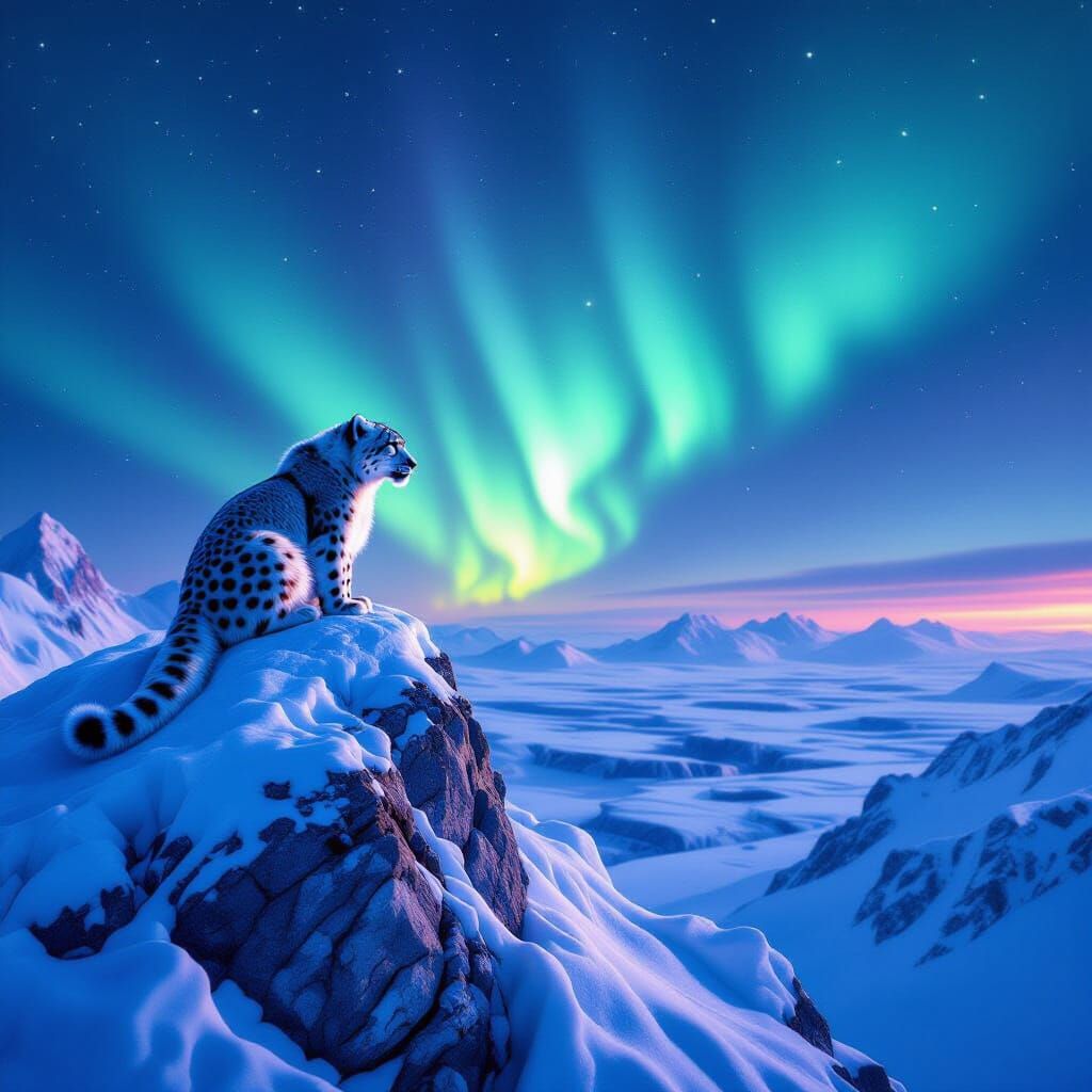 Snow Leopard on Icy Peak Under Aurora Borealis