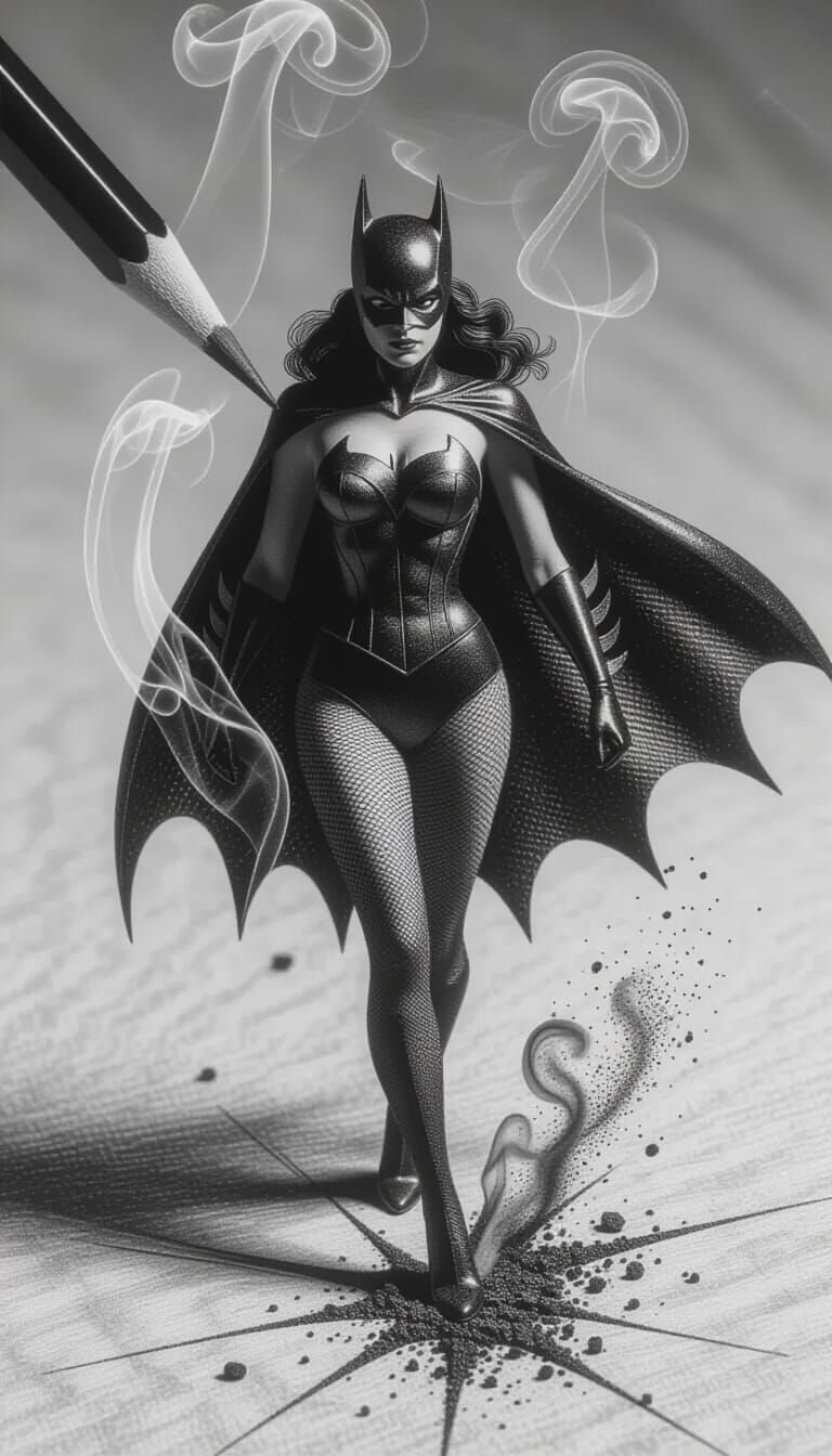 Macro Photo: Pencil Sketch Becomes Batwoman in Pantyhose