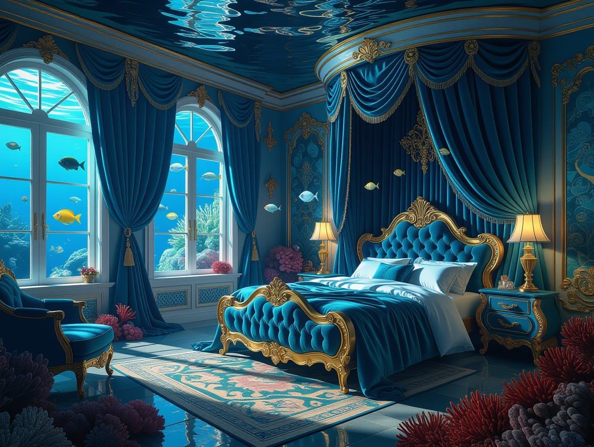 Opulent Underwater Bedroom in Biomechanical Art Style