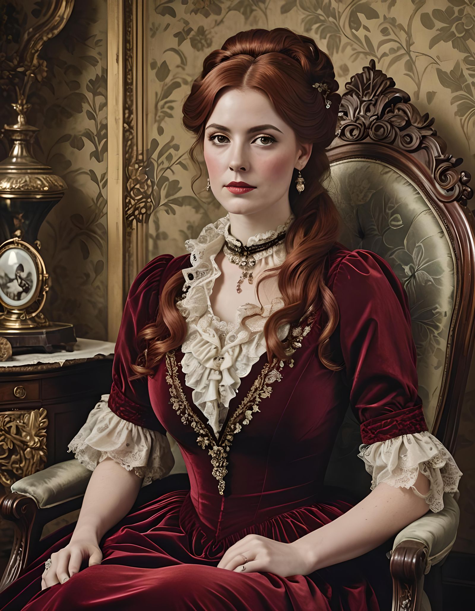 Victorian Woman in Red Velvet Dress Portrait