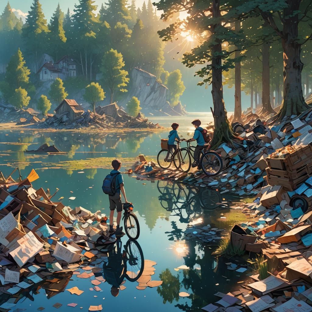 Boys on Bikes by Serene Lake, Fantasy Matte Painting