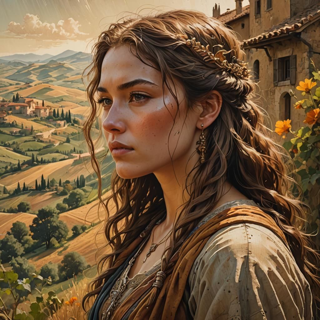 Hyperrealistic Portrait in Tuscany Landscape