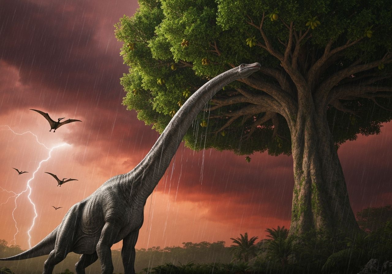 Dilodocus Reaching for Tree Leaves in Storm