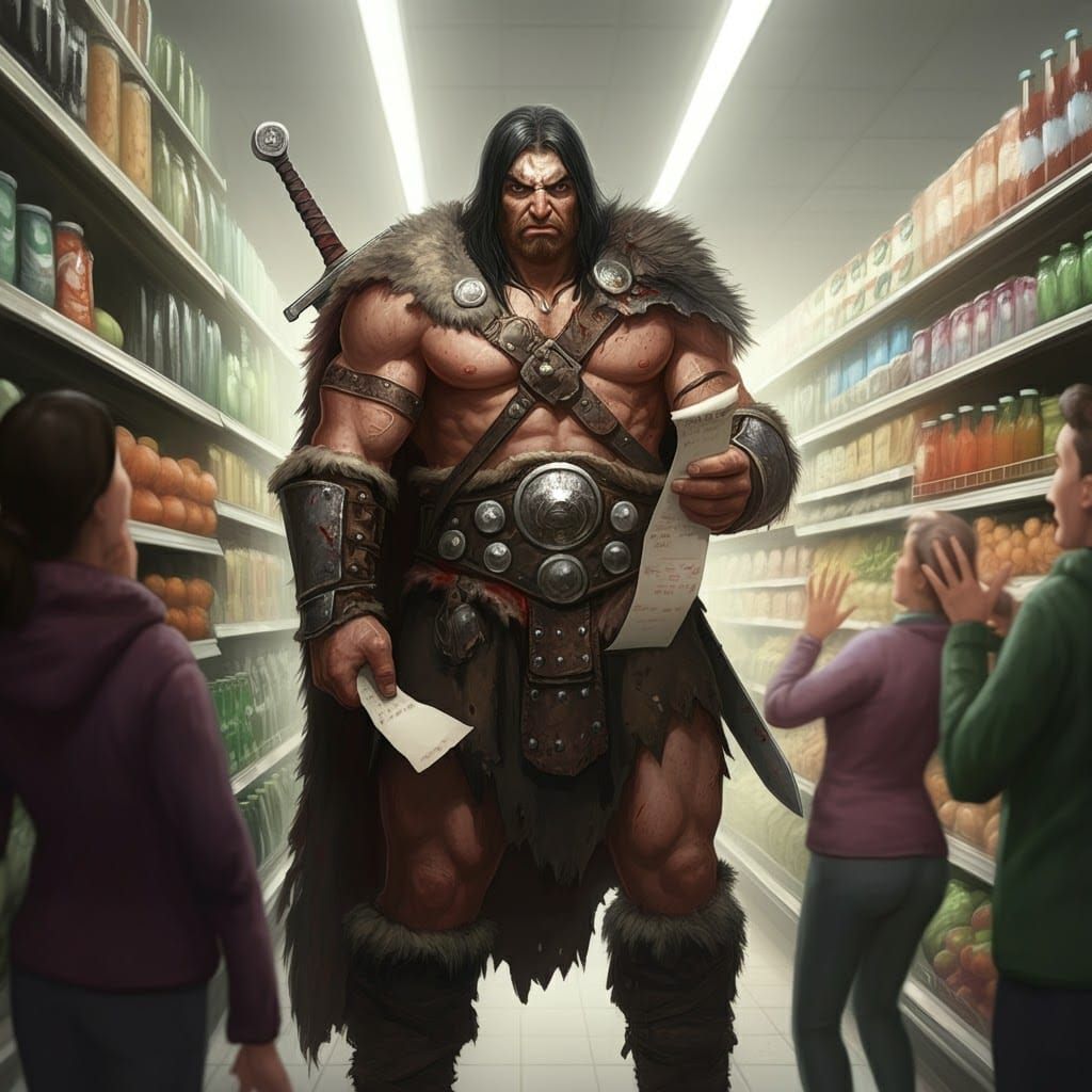 Barbarian Warrior Confused in Grocery Store Aisle