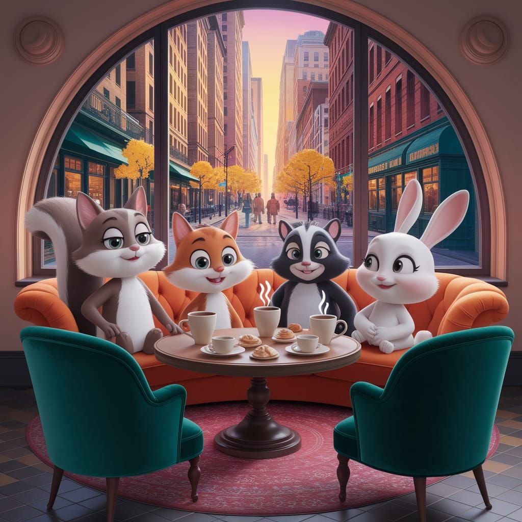Cartoon Animals Enjoying Coffee in New York City