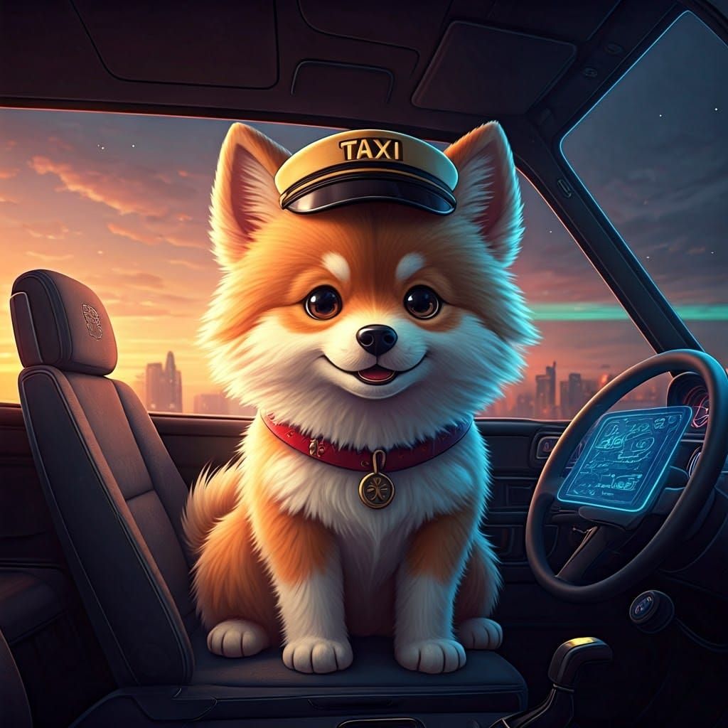 Adorable Anime Taxi Dog in Futuristic Cityscape