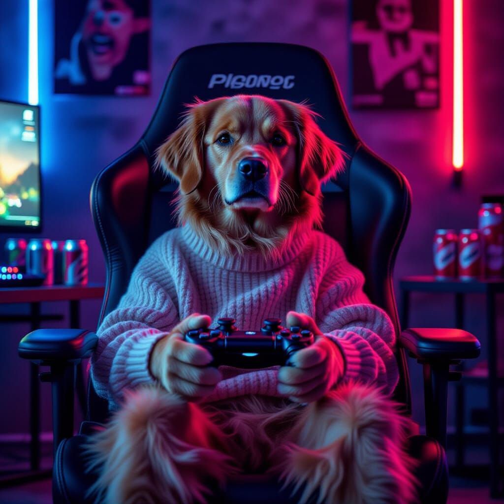Golden Retriever Gamer in Cinematic Lighting