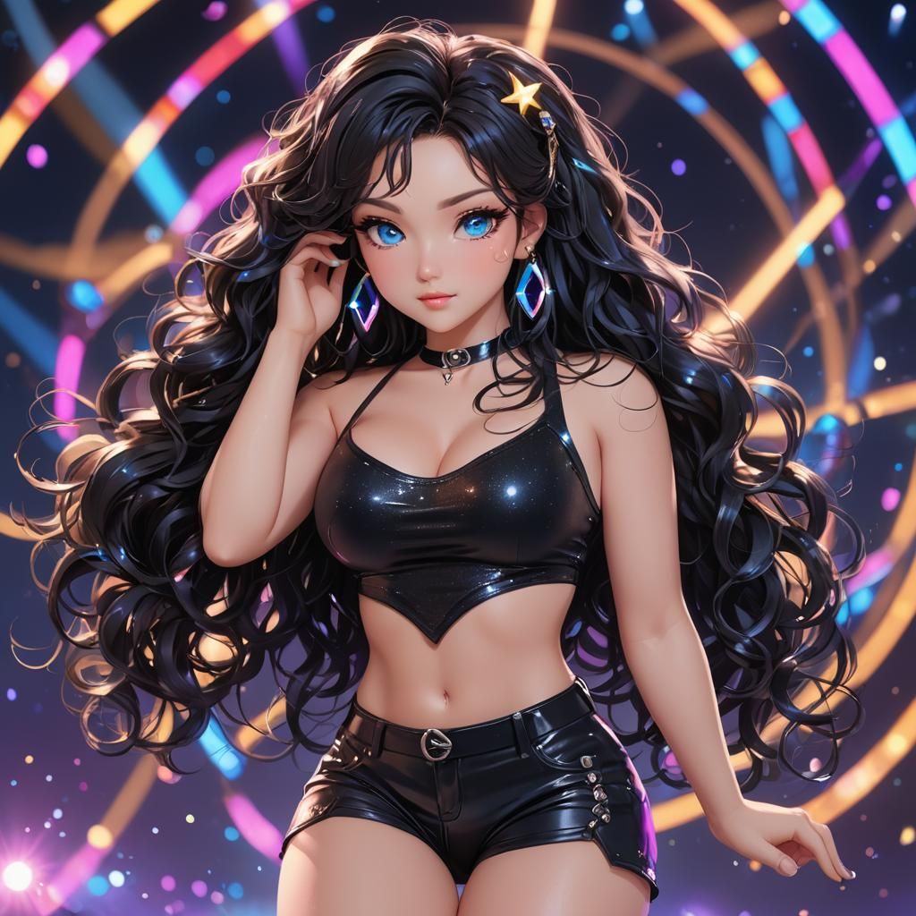 Anime Girl with Black Hair and Colorful Stage Lights