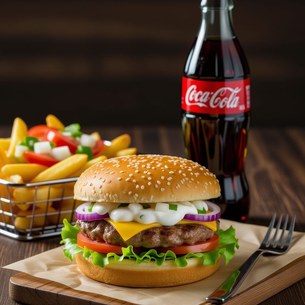 Burger with Fries, Salad, and Coca-Cola