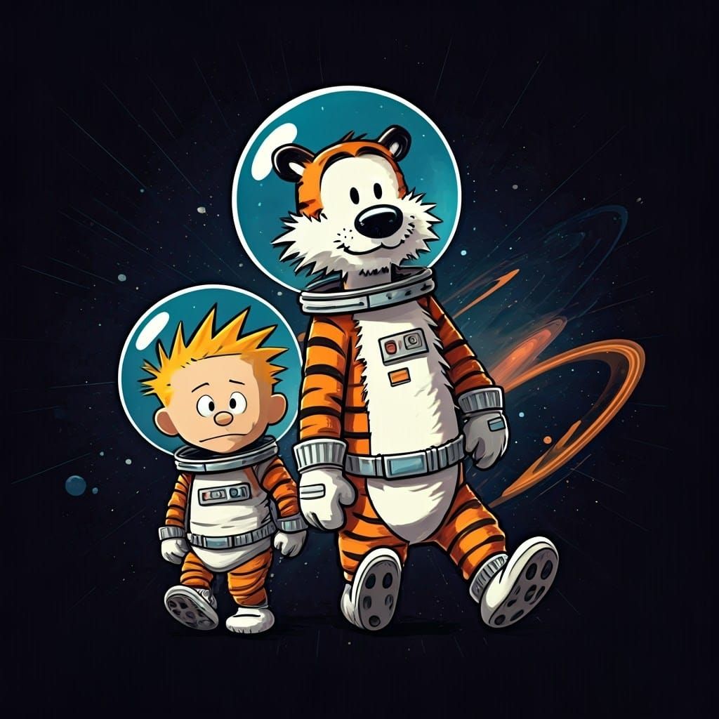 Calvin and Hobbes in Holographic Astronaut Suits on Mars