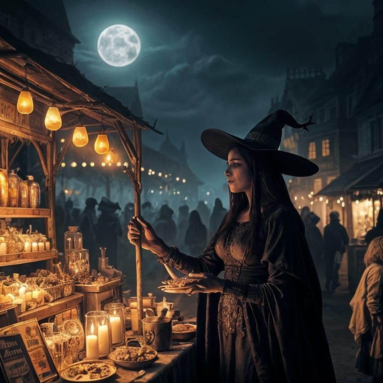 Spooky Halloween Market in Moonlight: Digital Matte Painting
