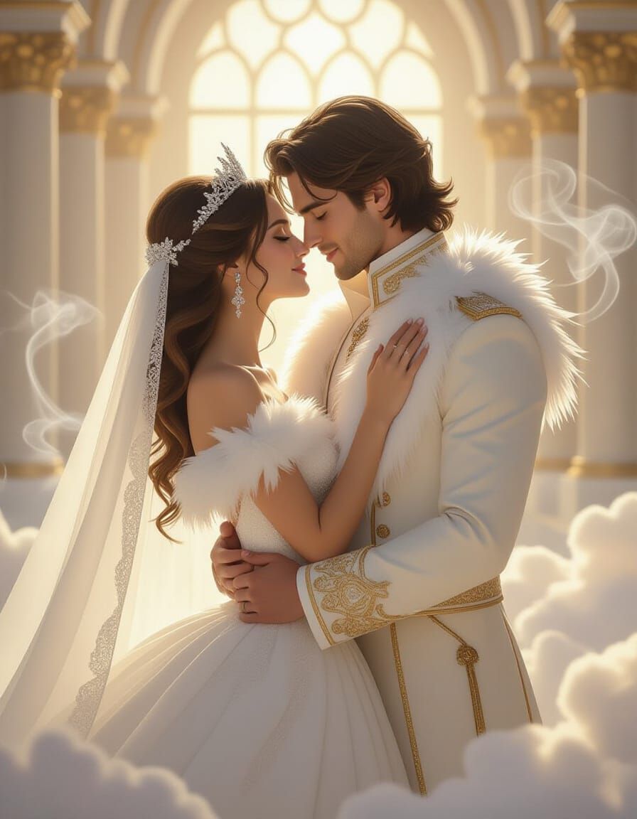 Royal Embrace in Ethereal Light: A Romantic Scene