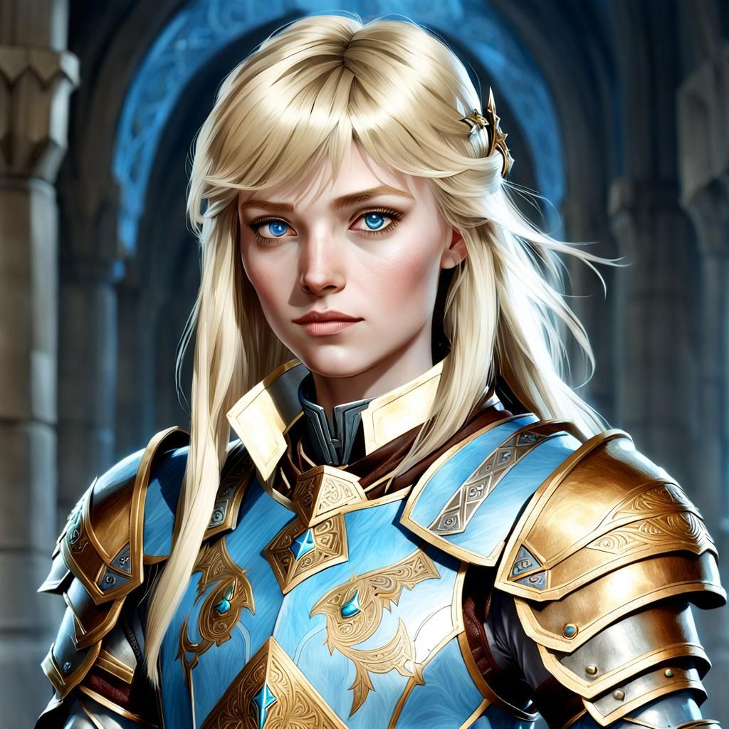 Aasimar Cleric Portrait in Full Plate Armor