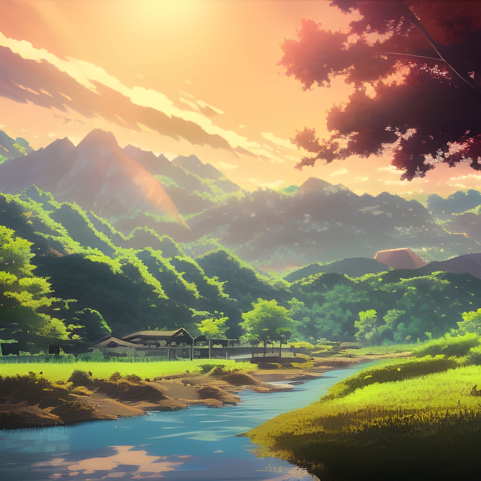 Anime Landscape with River and Town